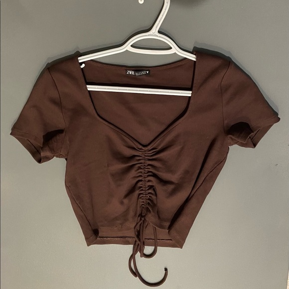 ZARA Ruched Ribbed Top Short Sleeve - Picture 3 of 5